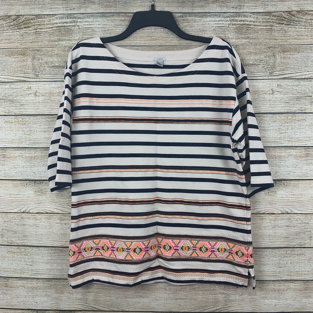 J Crew • Striped-Embroidered Boat Neck Top